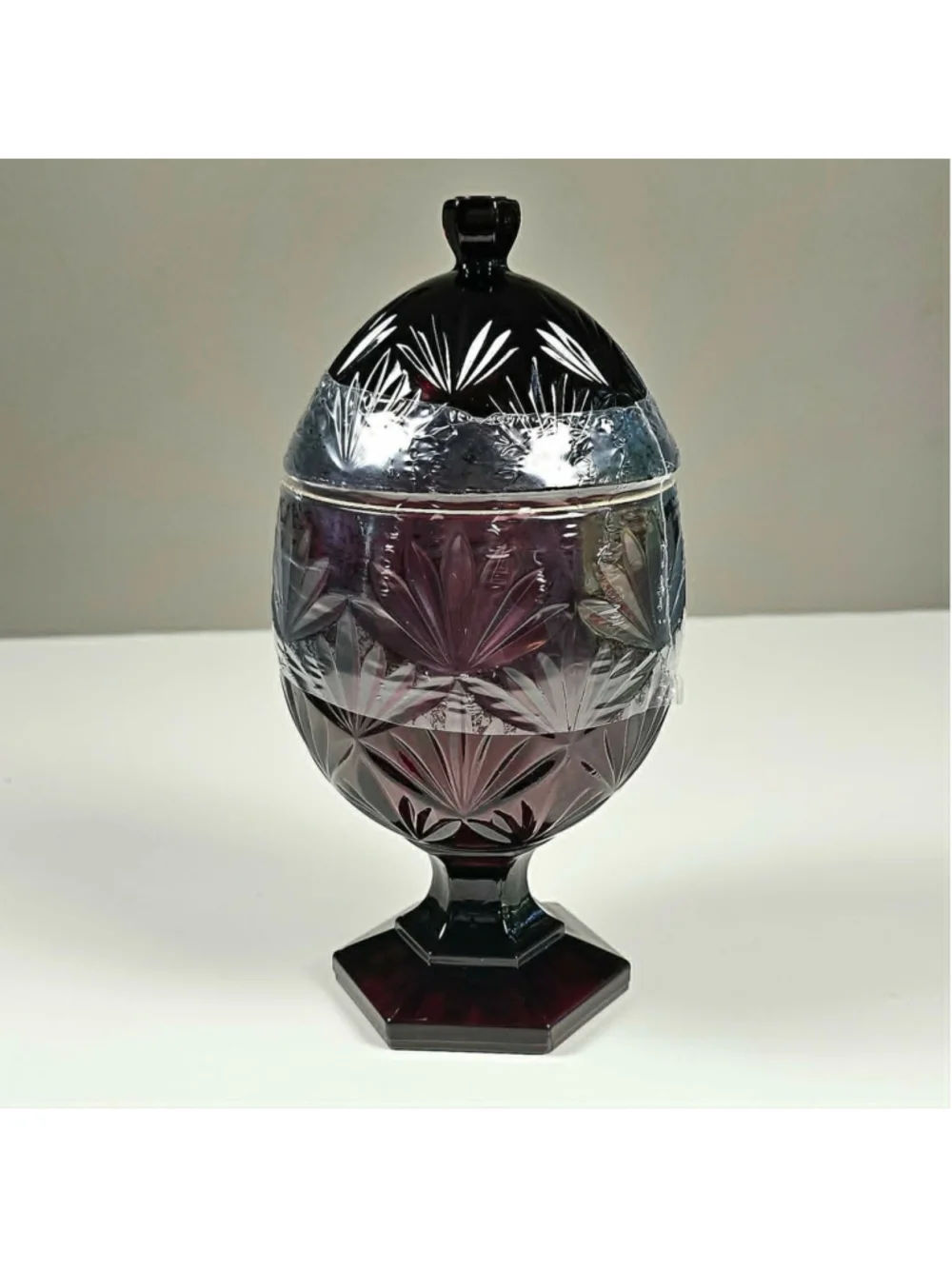 Vintage Luminarc France Ruby Red Glass Egg Candy Dish Lidded Pedestal Starburst